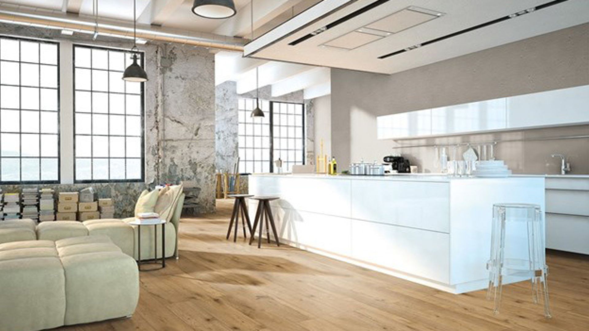 wood look laminate flooring in a open kitchen